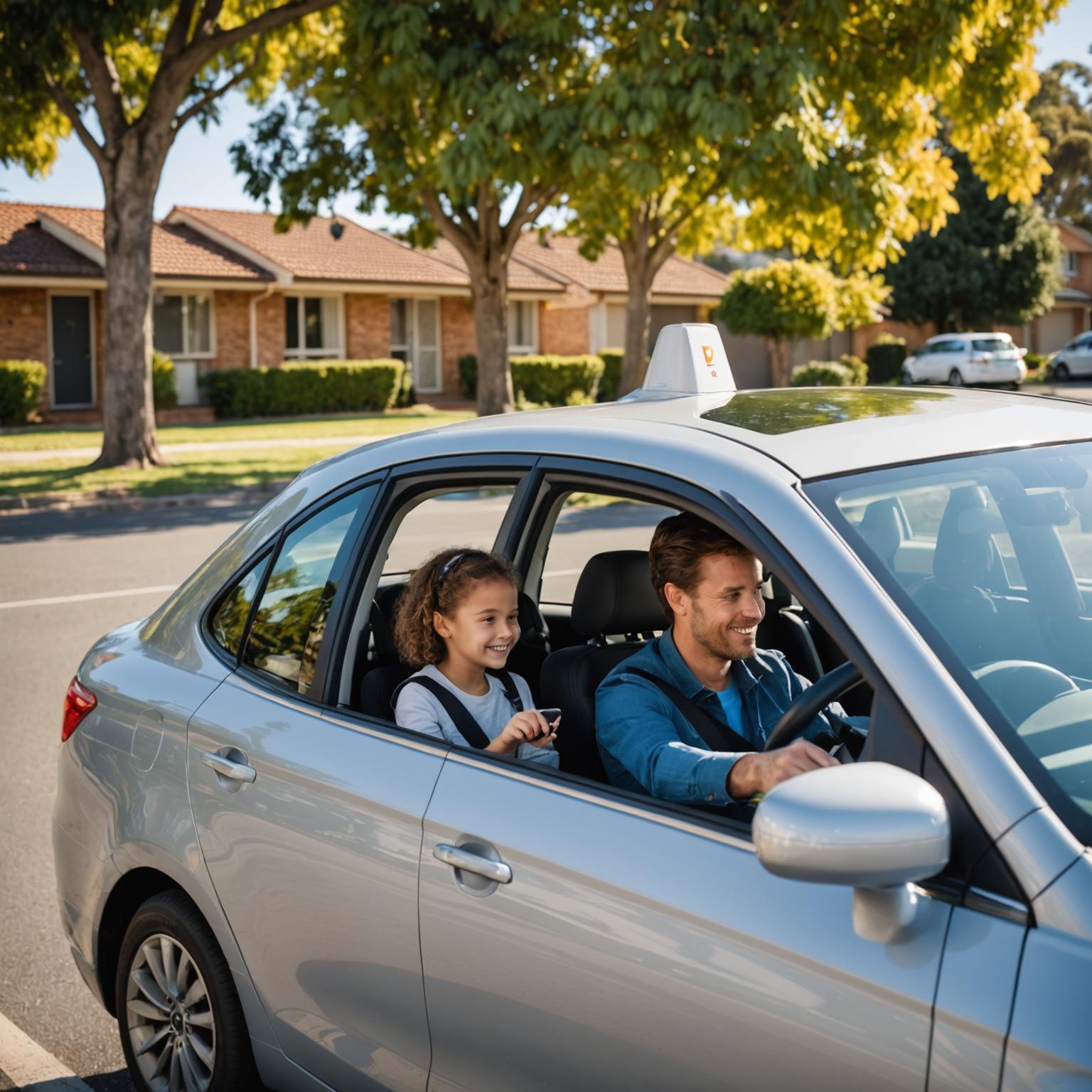 Student and instructor during a driving lesson on a suburban road in Western Sydney