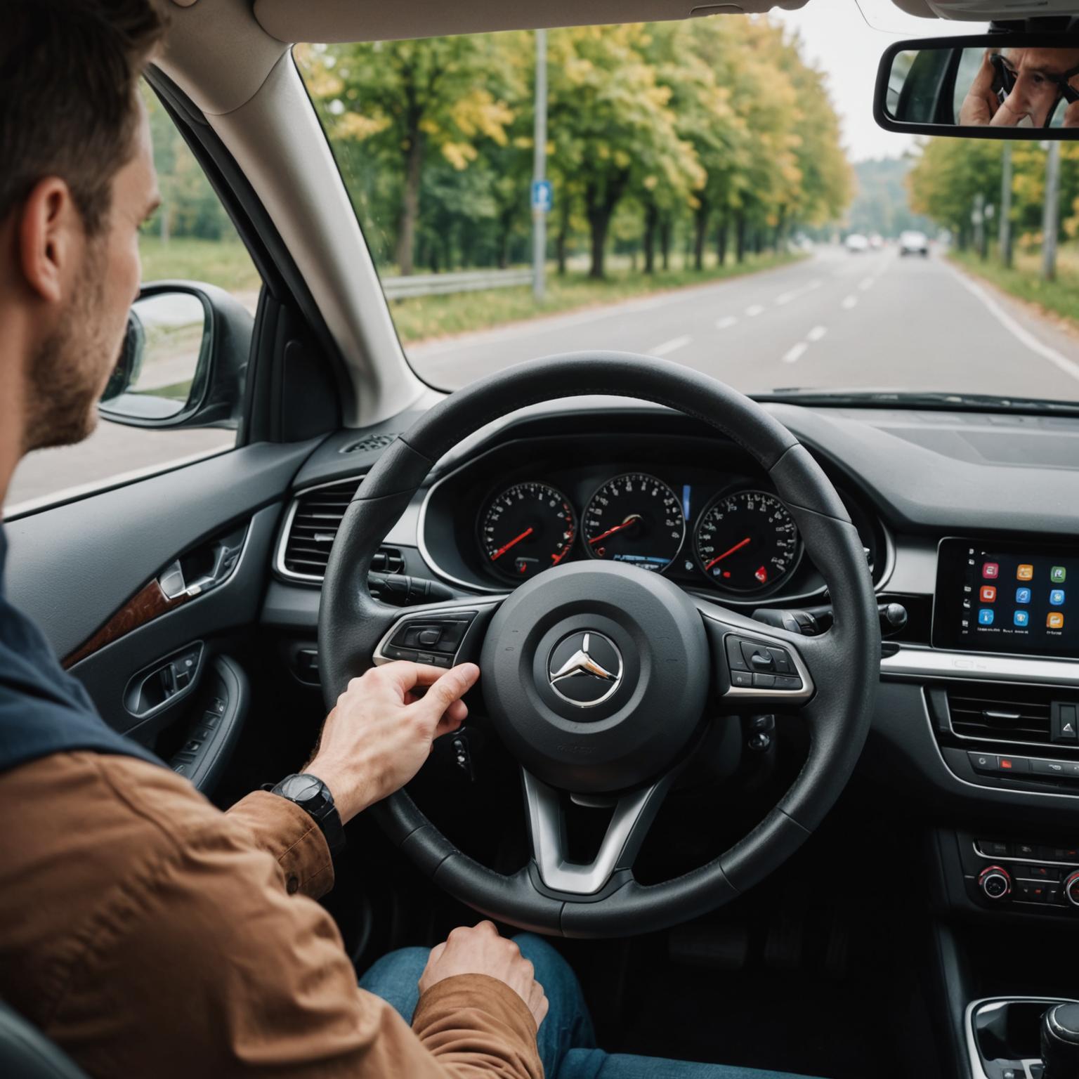 Learner driver gripping a steering wheel during a lesson